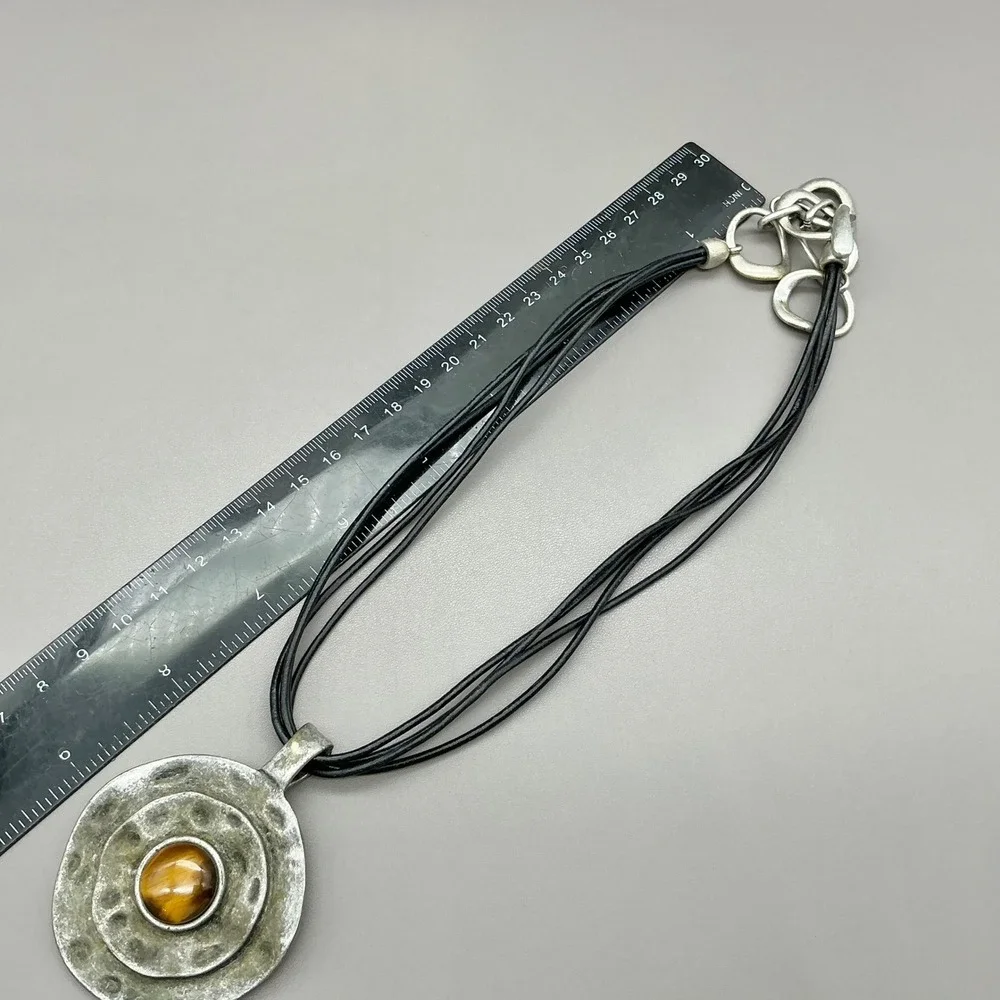 Premier Designs Necklace Tiger Eye Pendant Black Cord Silver Tone 18-20 In